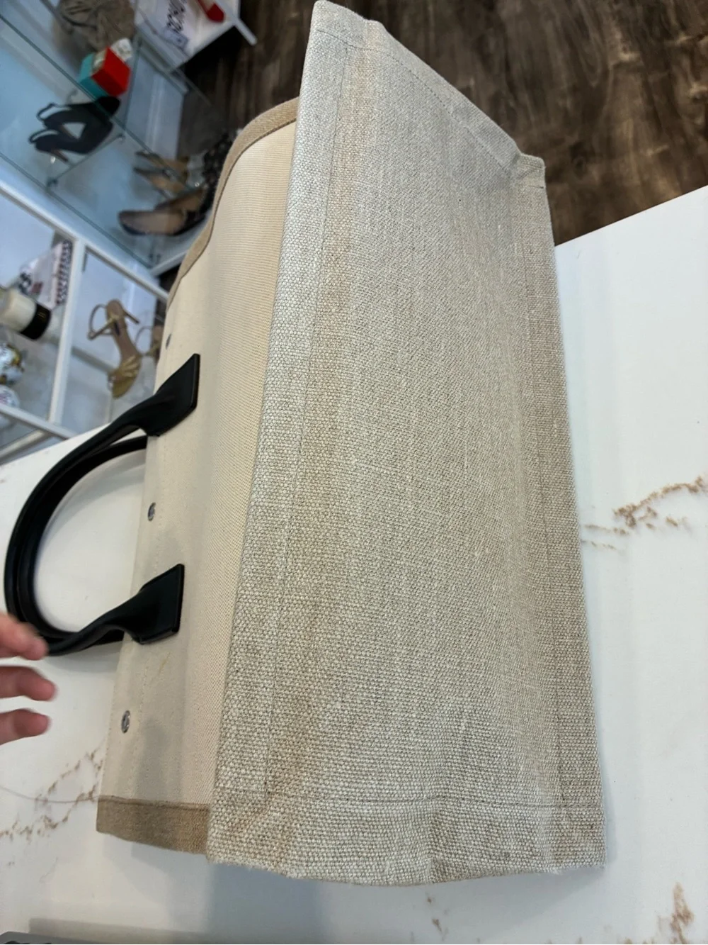 Saint Laurent Rive Gauche Canvas Tote in Ivory with Black Handles